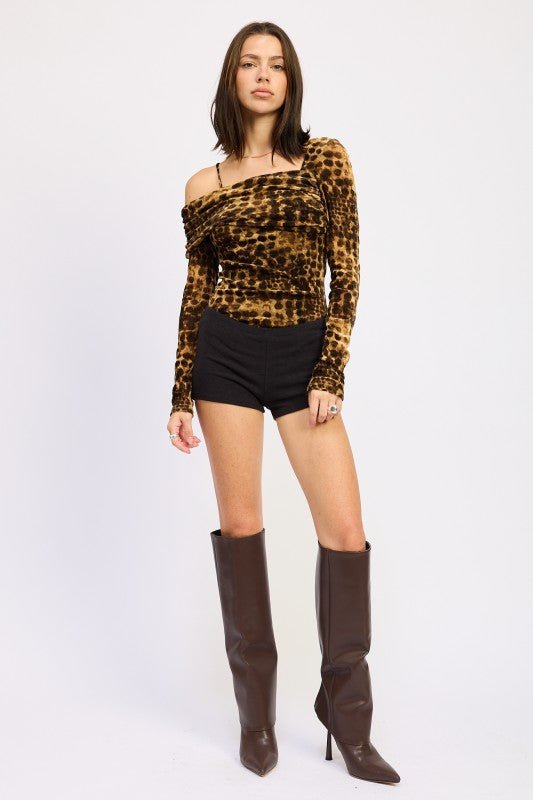 ANIMAL PRINT FLOCKING MESH ASYMMETRICAL BODYSUIT - Robbi & Angel
