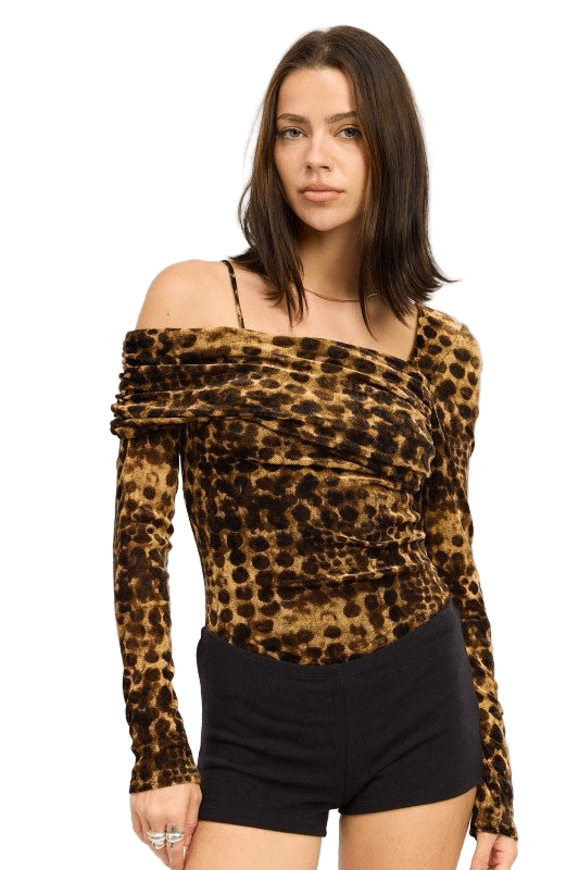ANIMAL PRINT FLOCKING MESH ASYMMETRICAL BODYSUIT - Robbi & Angel