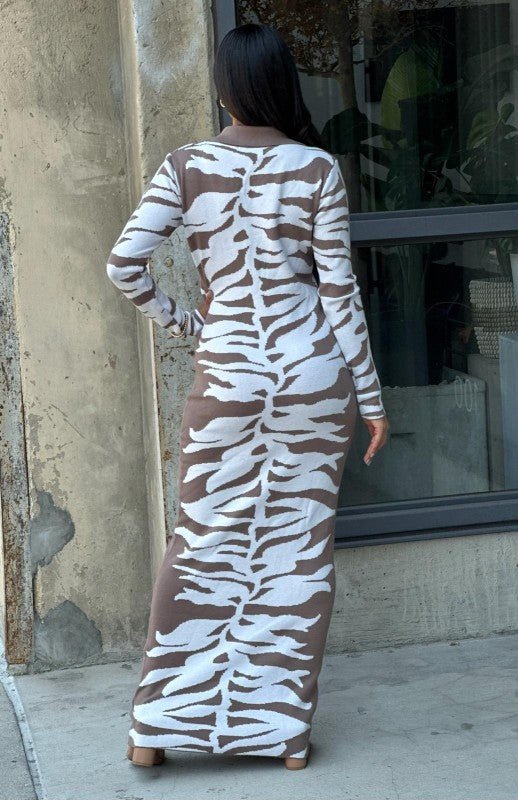 Animal Print Long Sleeve Maxi Sweater Dress Body Con - Robbi & Angel