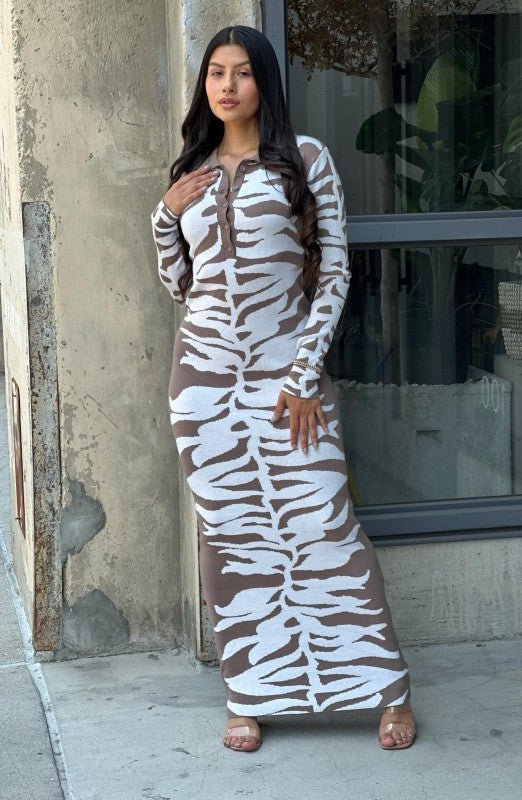 Animal Print Long Sleeve Maxi Sweater Dress Body Con - Robbi & Angel