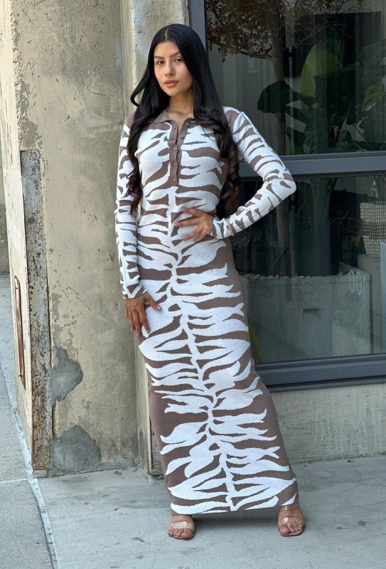 Animal Print Long Sleeve Maxi Sweater Dress Body Con - Robbi & Angel