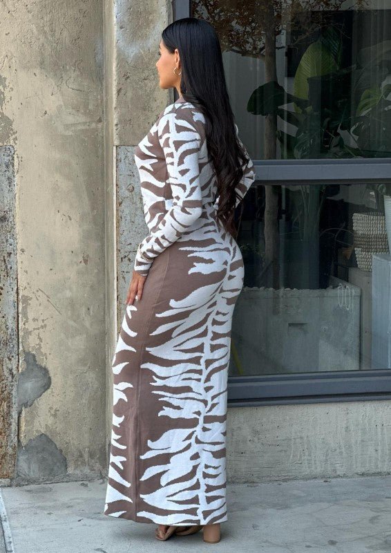 Animal Print Long Sleeve Maxi Sweater Dress Body Con - Robbi & Angel