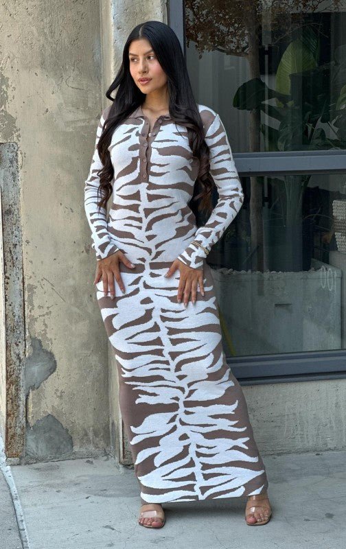 Animal Print Long Sleeve Maxi Sweater Dress Body Con - Robbi & Angel