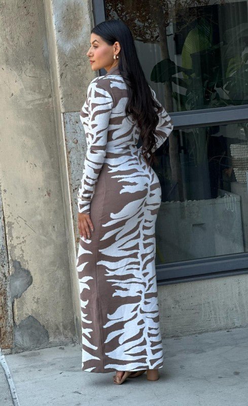 Animal Print Long Sleeve Maxi Sweater Dress Body Con - Robbi & Angel