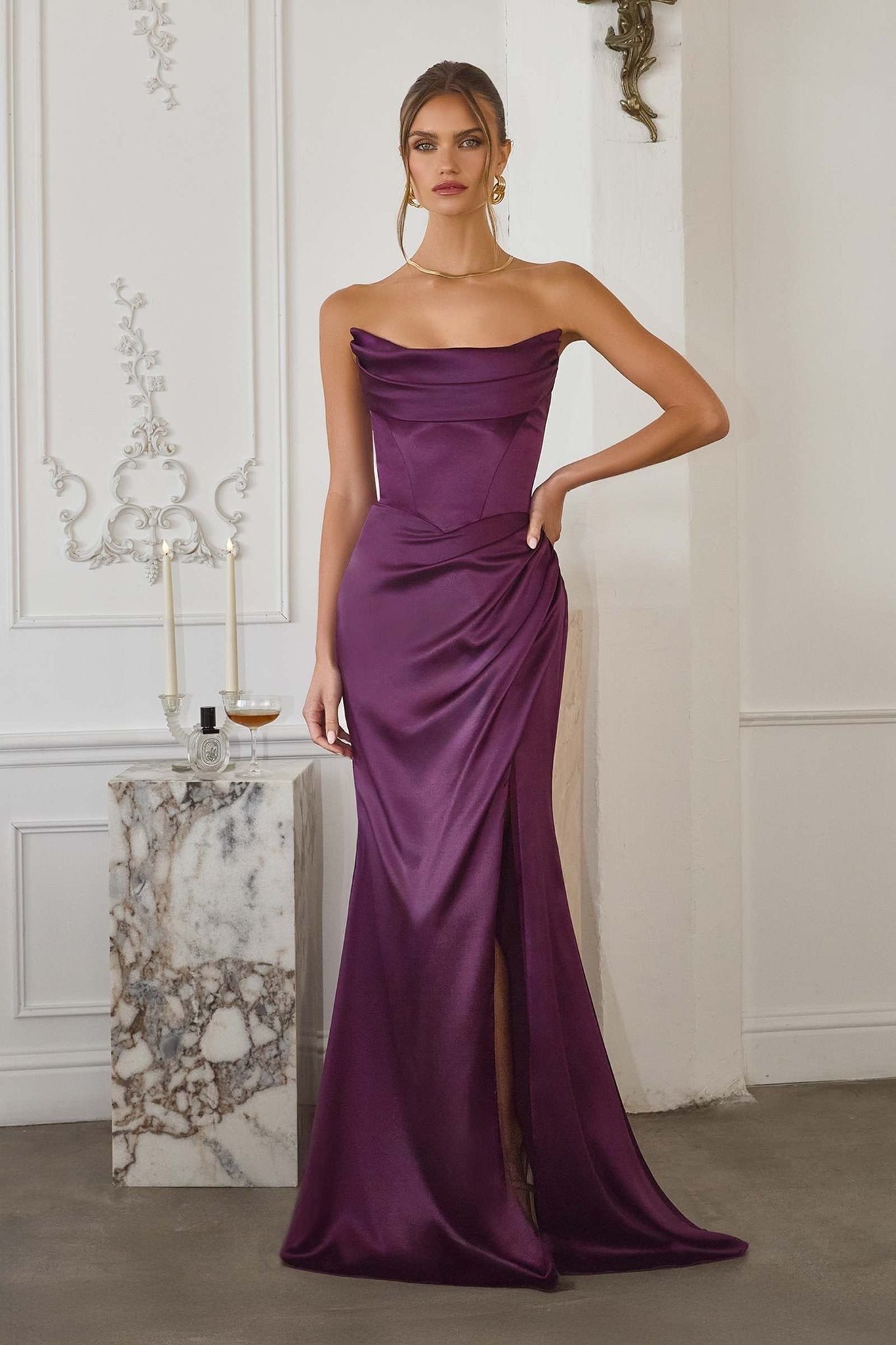 Anita Removable Strap Stretch Satin Floor Length Fitted Gown - Robbi & Angel