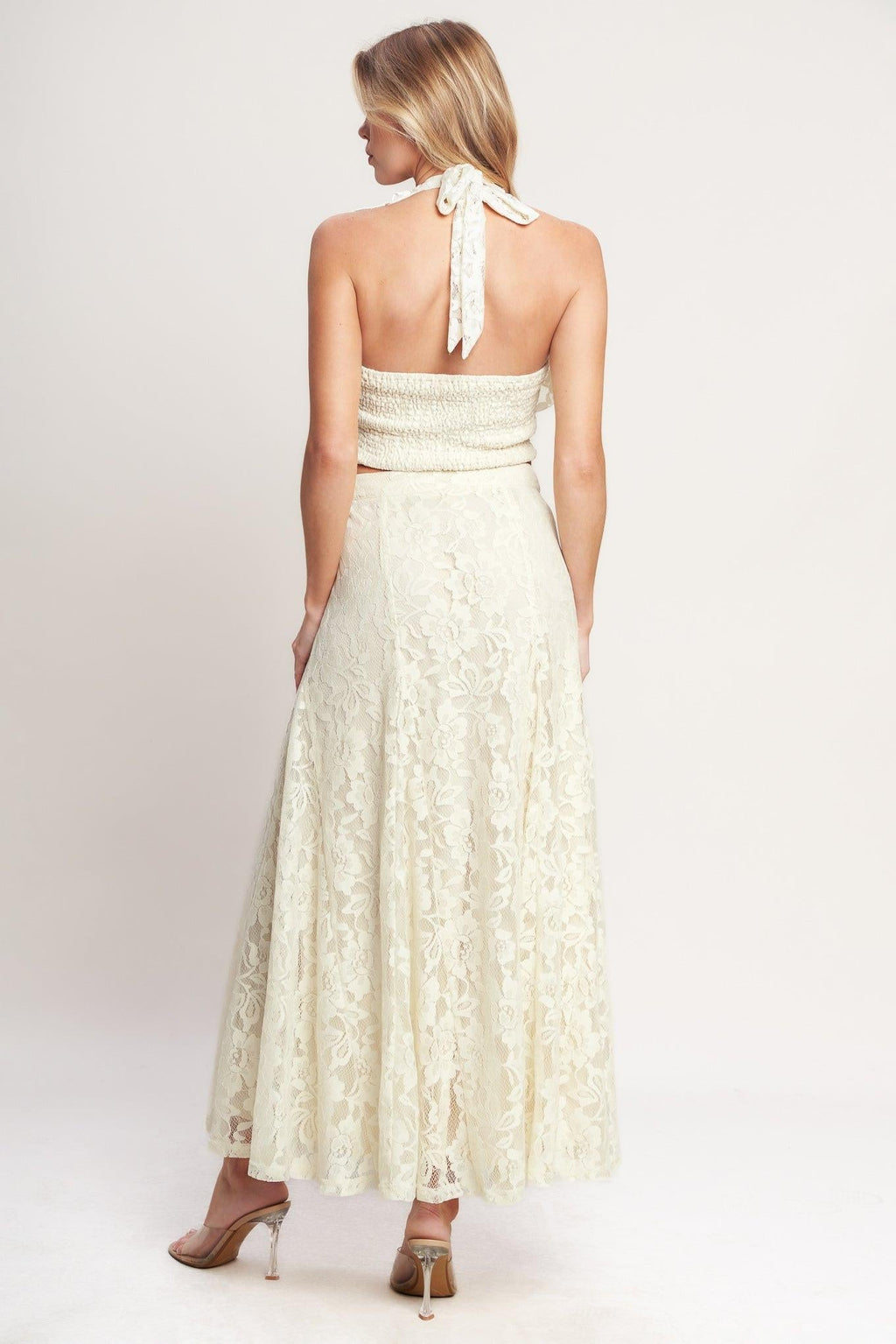 Arlene Deidra Patchwork Lace Halter Deep V Neck Backless Maxi - Robbi & Angel