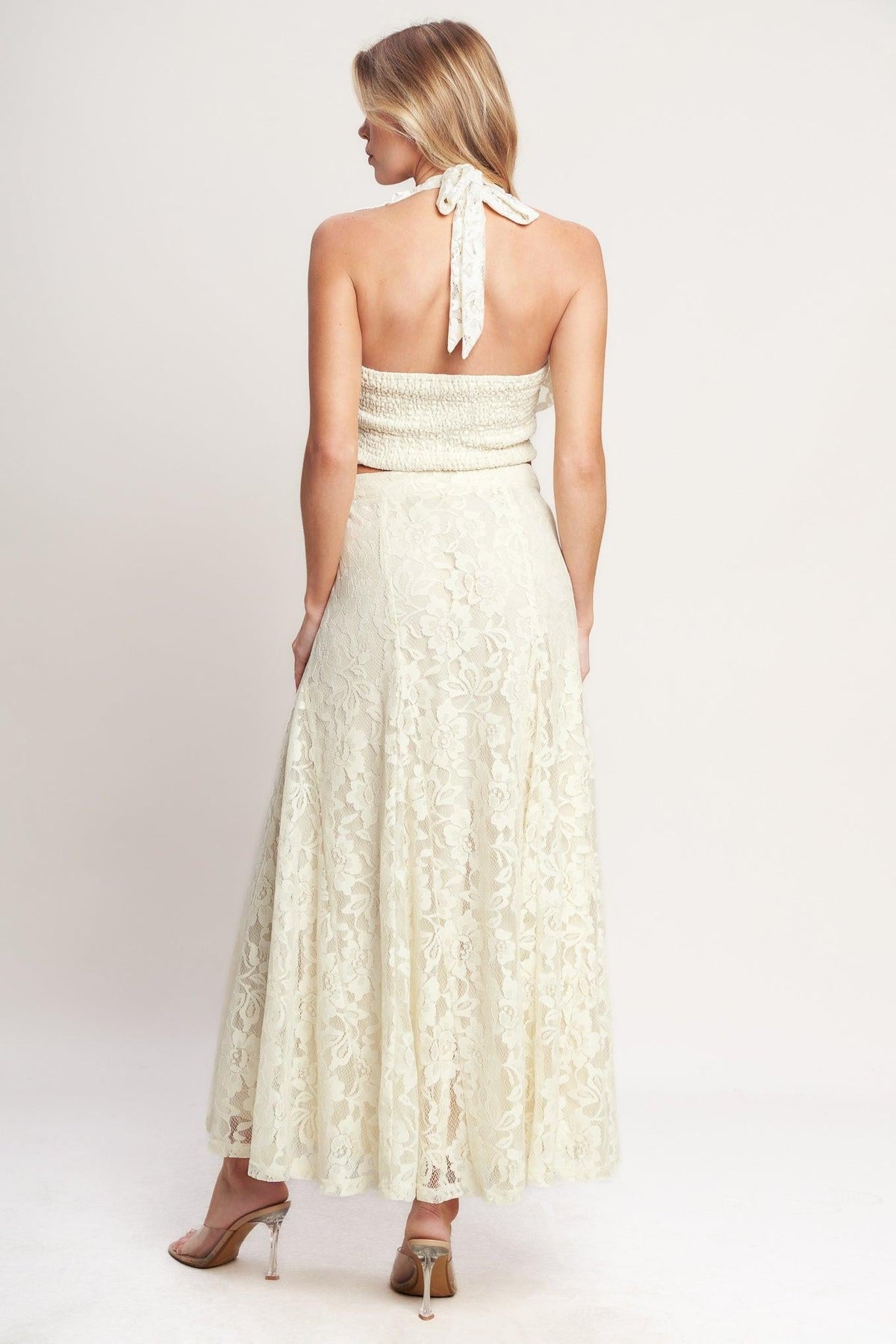 Arlene Deidra Patchwork Lace Halter Deep V Neck Backless Maxi - Robbi & Angel