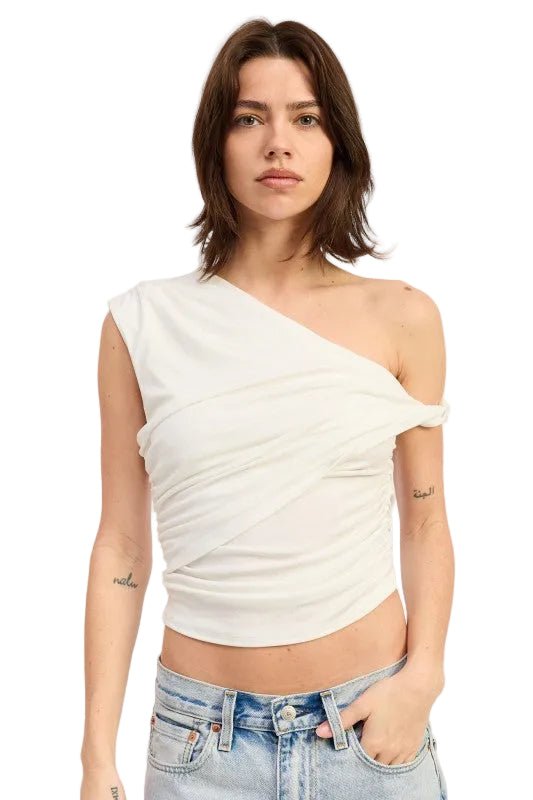ASYMMETRICAL CROP TOP WITH SHOULDER TWIST - Robbi & Angel
