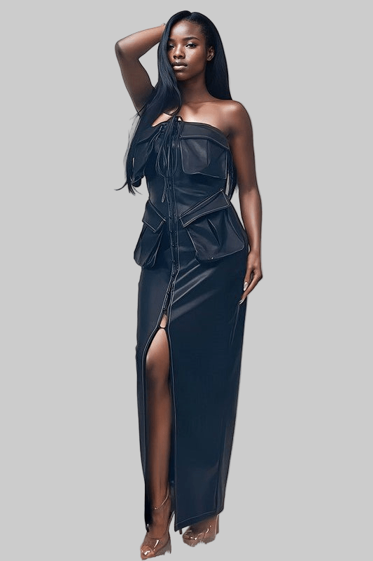 Athina button detailed PU black leather dress - Robbi & Angel