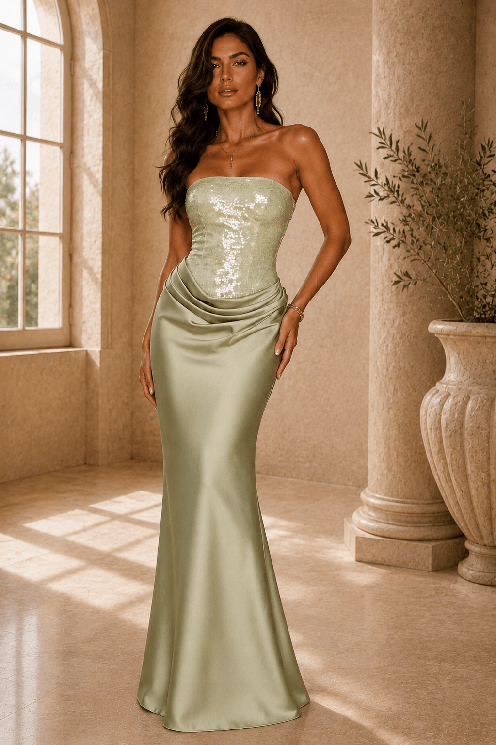 Auroa Strapless Sequin Bodice Satin Formal Dress - Robbi & Angel
