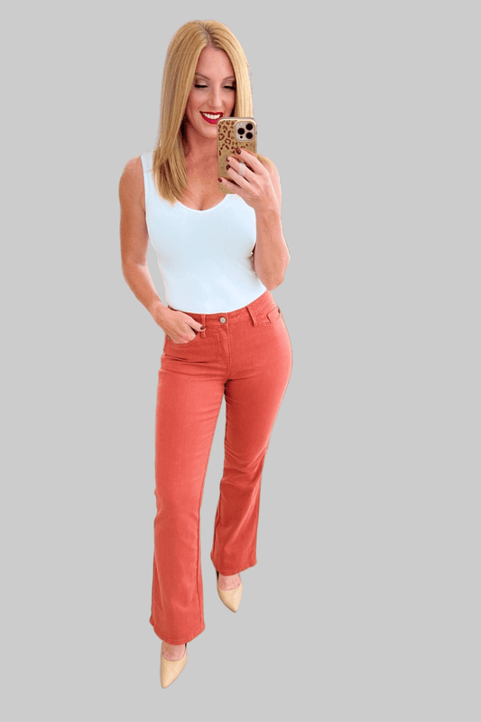 Autumn Mid Rise Slim Bootcut Jeans in Terracotta - Robbi & Angel