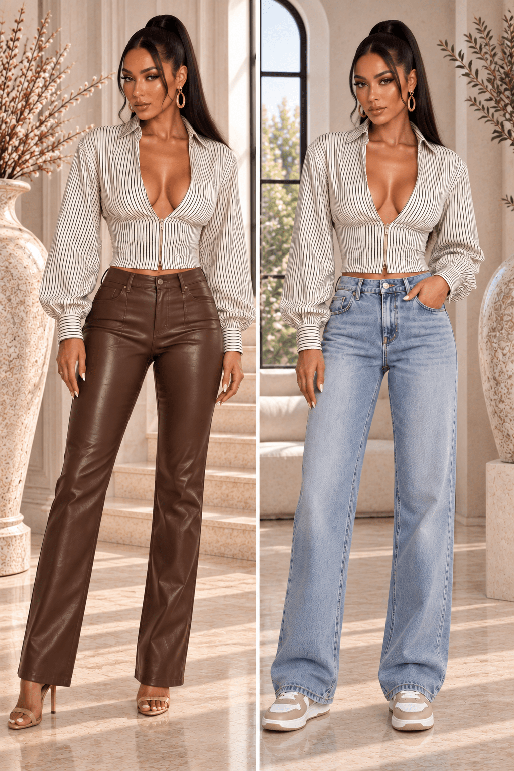 Ava Deep V-Neck Striped Long Sleeve Blouse - Robbi & Angel
