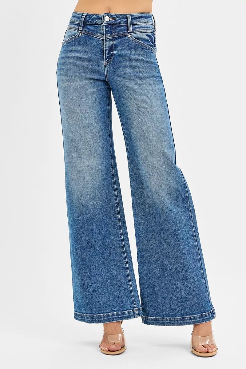 RISEN High Rise Wide Leg Jenas with Front Yoke and Heart Back Pocket - Robbi & Angel