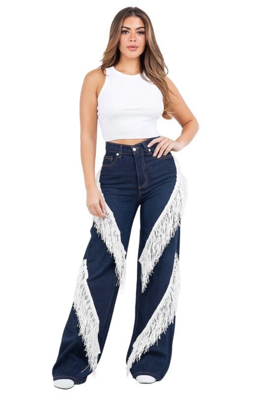 Western Fringe Wide Leg Jean - White Fringe - Robbi & Angel