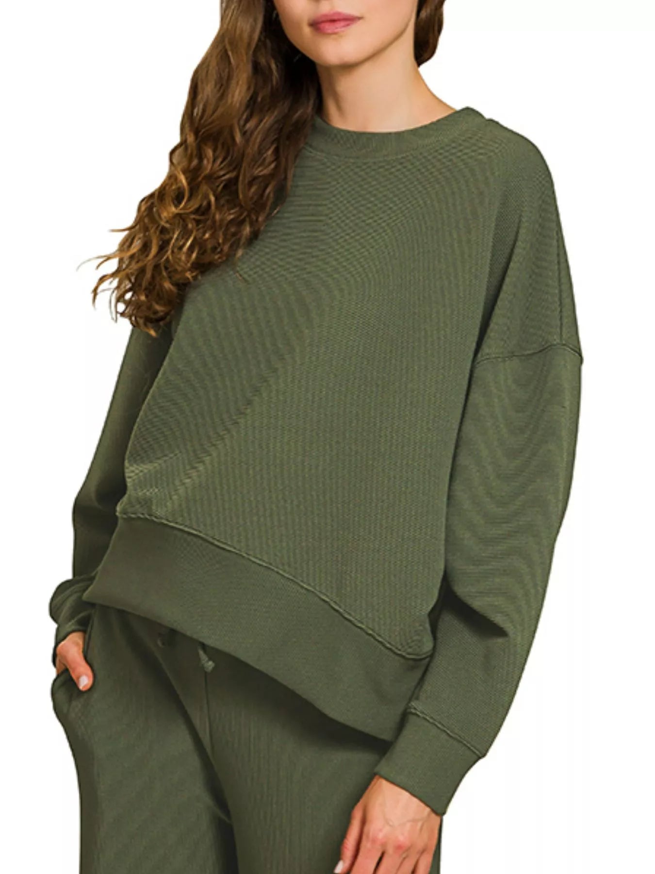 Zenana Ribbed Round Neck Pullover and Drawstring Pants Set - Robbi & Angel