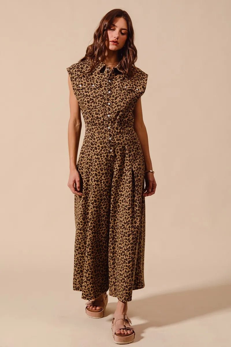 SO ME Wide Leg Leopard Twill Overalls Jumpsuit with Tuck - Robbi & Angel
