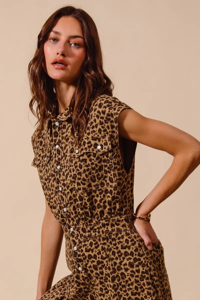 SO ME Wide Leg Leopard Twill Overalls Jumpsuit with Tuck - Robbi & Angel