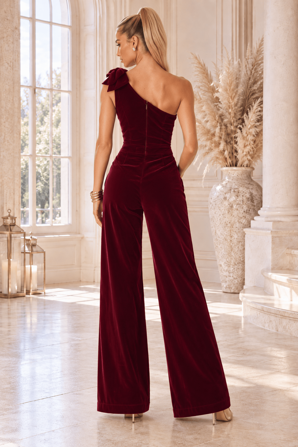 Bari After Dark Velvet One Shoulder With Bow Jumpsuit - Robbi & Angel