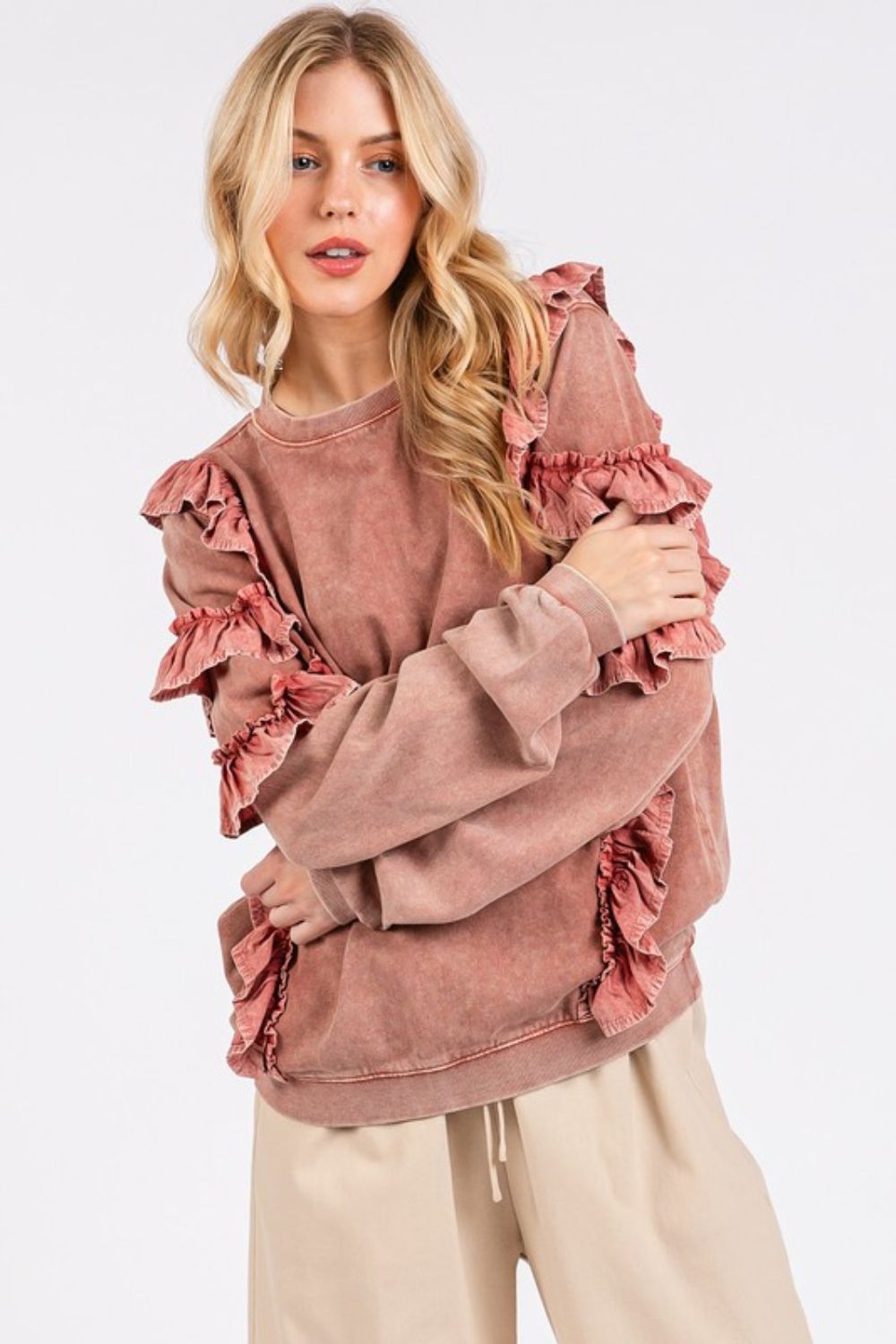 Mittoshop Ruffled Mineral Washed Round Neck Long Sleeve Sweatshirt - Robbi & Angel