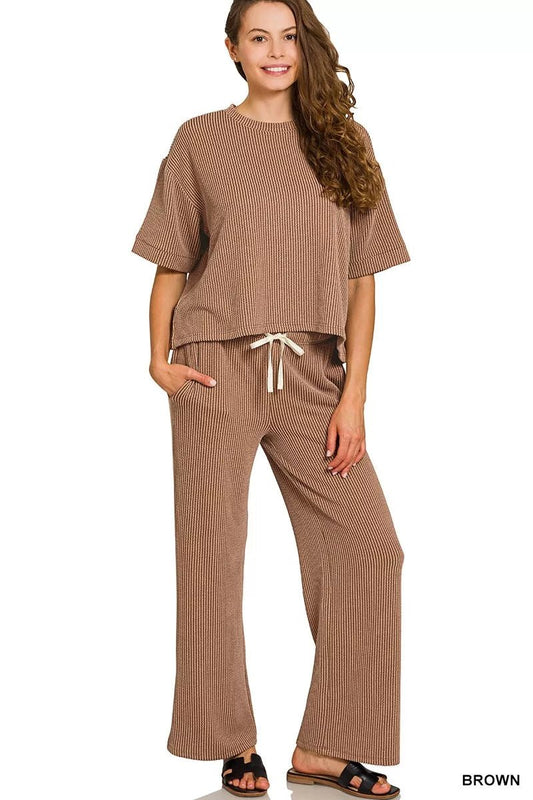 Zenana Raised Rib Short Sleeve Tee & Pants Set - Robbi & Angel