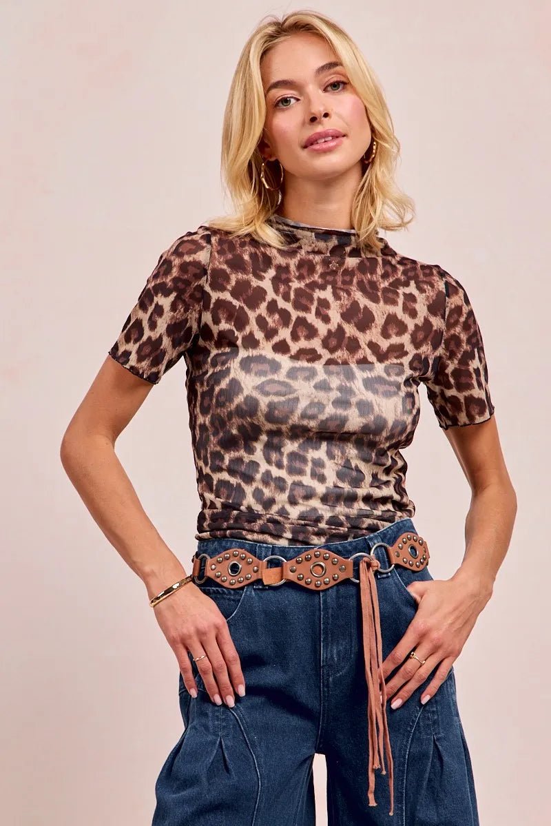 BiBi High Neck Leopard Mesh Short Sleeves Top - Robbi & Angel