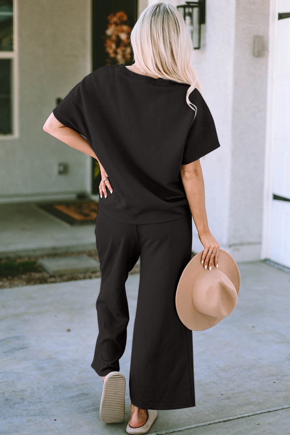 Double Take Full Size Texture Short Sleeve Top and Pants Set - Robbi & Angel