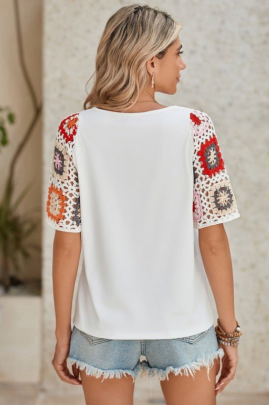 Black Floral Hollowed Crochet Sleeve Boho T Shirt - Robbi & Angel