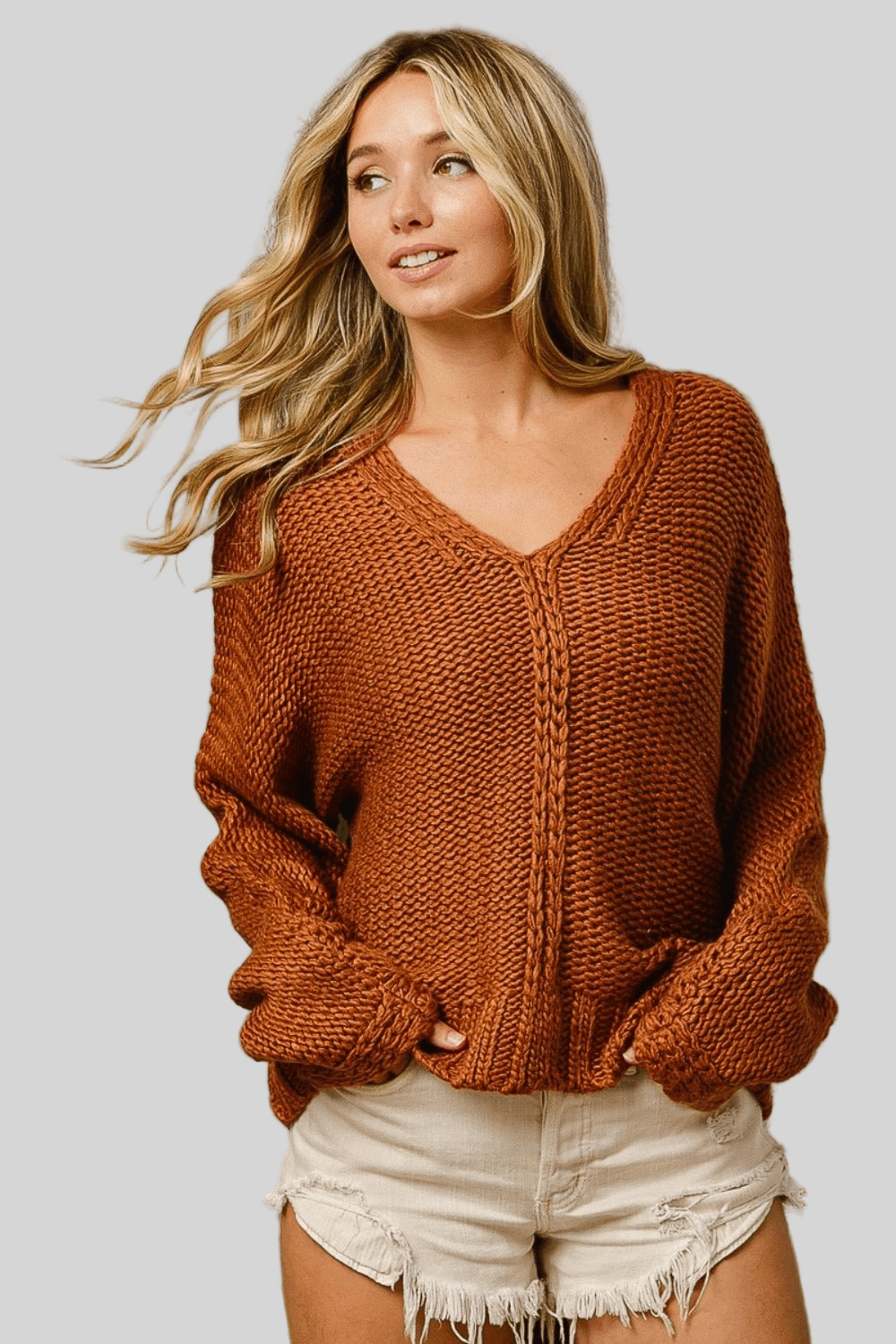 BiBi V - Neck Cable Knit Sweater - Robbi & Angel