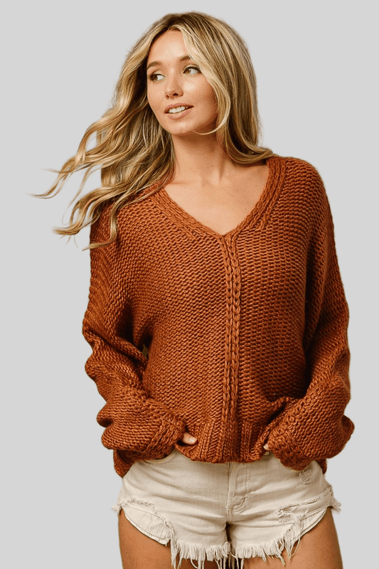 BiBi V - Neck Cable Knit Sweater - Robbi & Angel