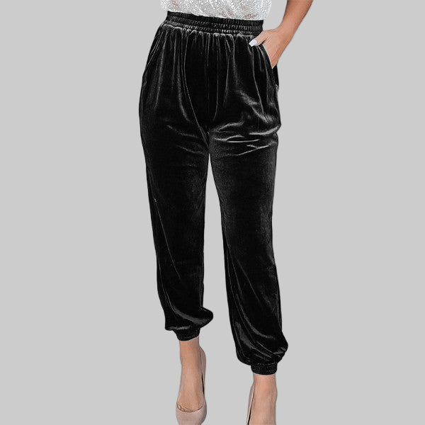 Black Solid Velvet Jogger Pants - Robbi & Angel