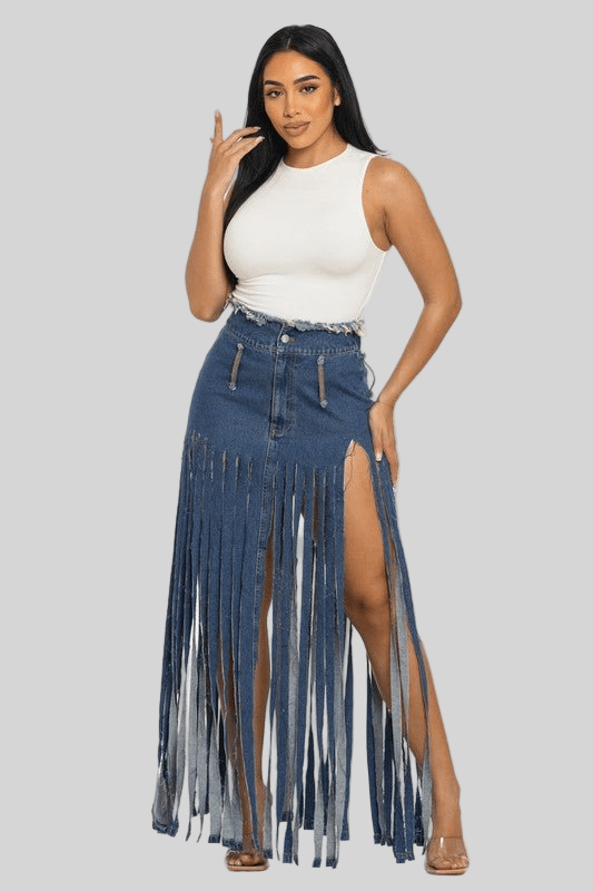 Bohemian Rhapsody Fringe Denim Skirt - Robbi & Angel