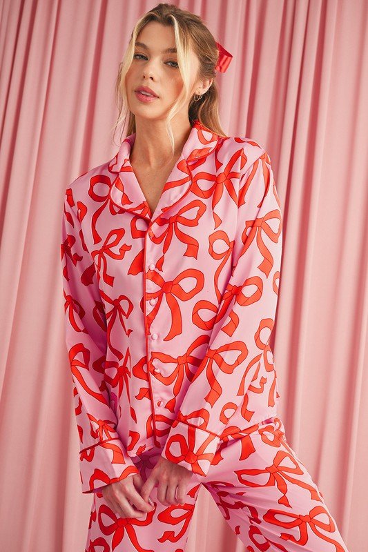 Bow Button Up and Loose Pants Pajama Set - Robbi & Angel