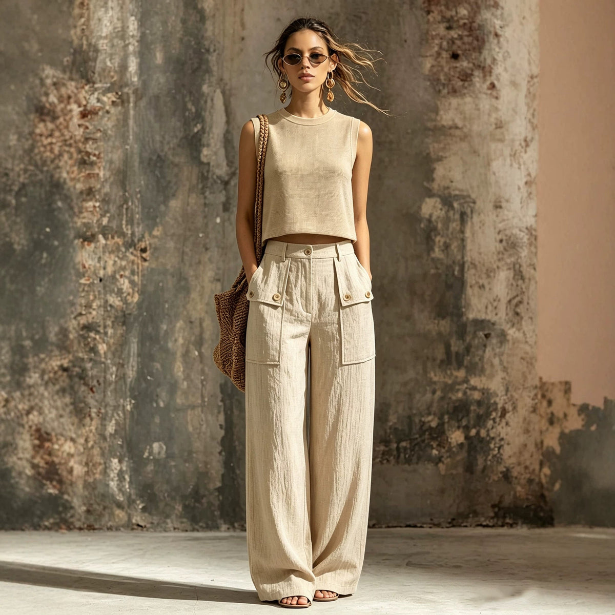 Brittany Sleeveless Knit Vest & Wide Leg Pants Two-Piece Set – Casual Linen - Robbi & Angel