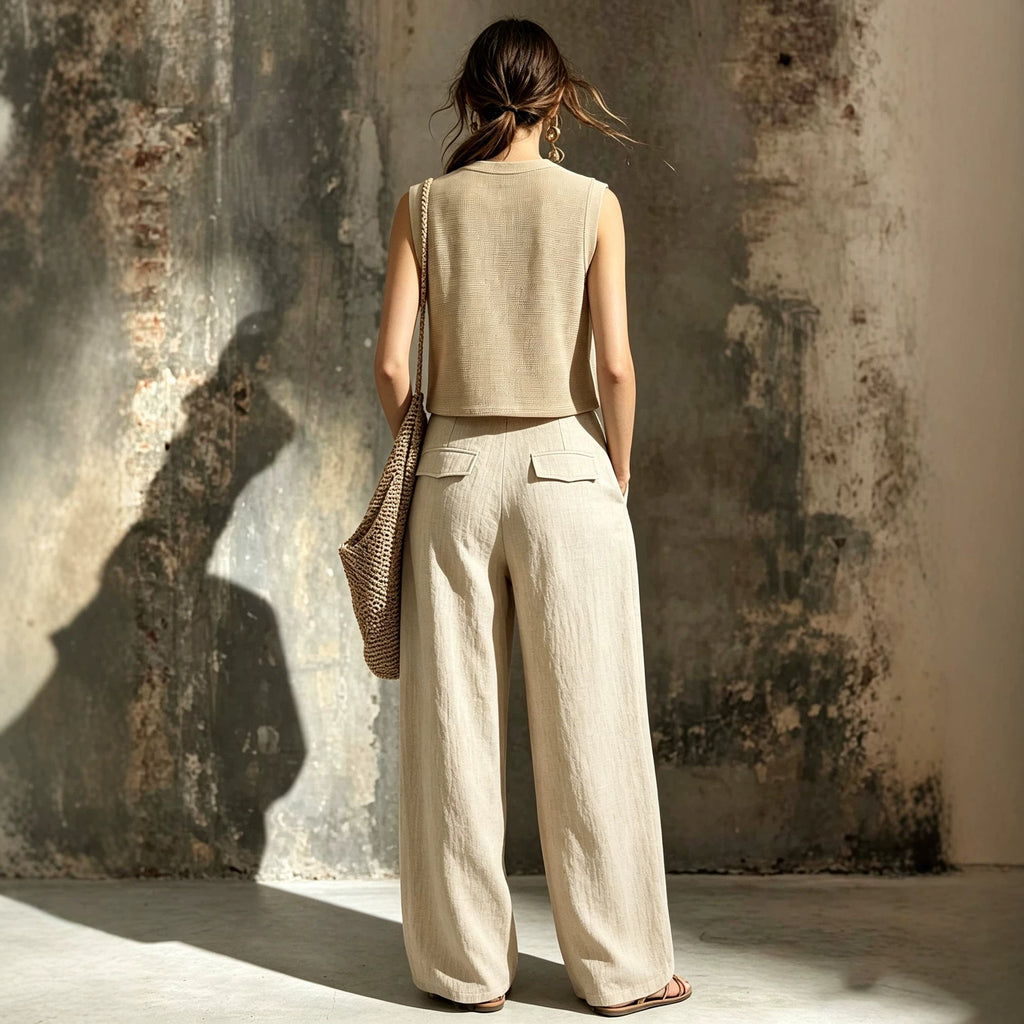 Brittany Sleeveless Knit Vest & Wide Leg Pants Two-Piece Set – Casual Linen - Robbi & Angel