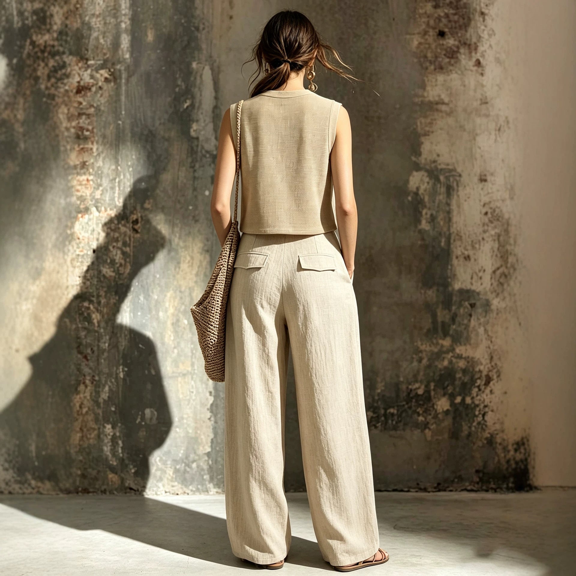 Brittany Sleeveless Knit Vest & Wide Leg Pants Two-Piece Set – Casual Linen - Robbi & Angel