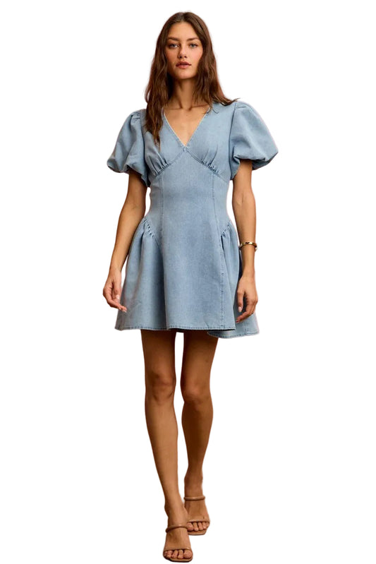 Bubble Sleeves Denim Fit And Flare Mini Dress - Robbi & Angel