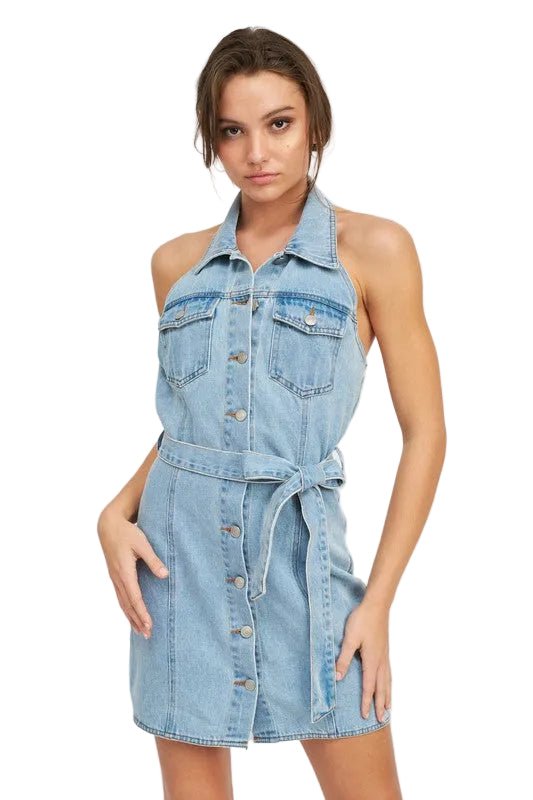 BUTTON DOWN DENIM MINI DRESS WITH BELT - Robbi & Angel