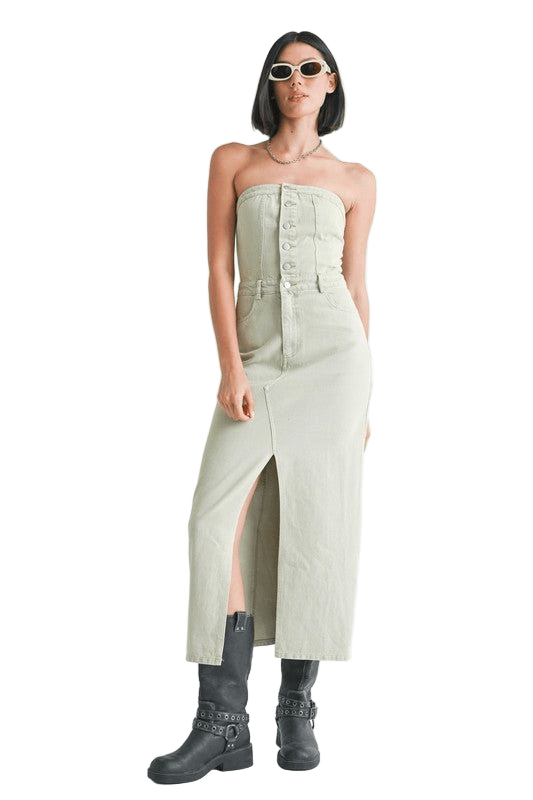 BUTTON UP TUBE DENIM DRESS WITH SLIT - Robbi & Angel