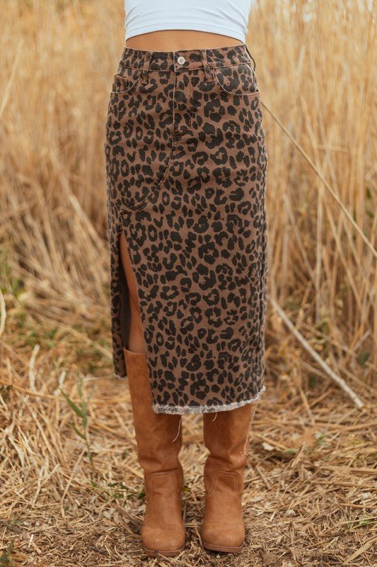 Leopard Denim Frayed Hem Midi Skirt - Robbi & Angel