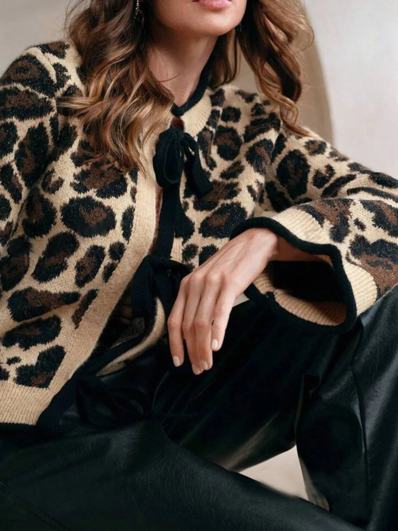 Leopard Print Bow - Tie Front Cropped Cardigan - Robbi & Angel
