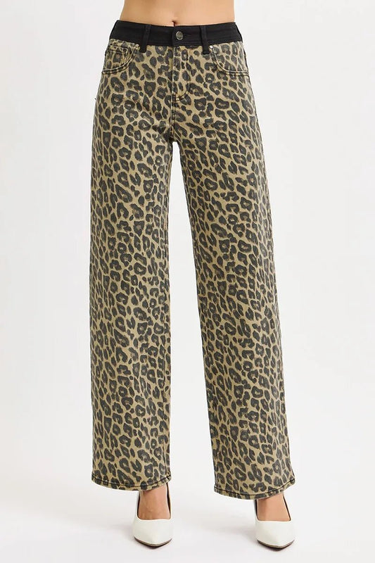 RISEN High Rise Wide Leg Leopard Printed Jeans with Contrast Waist Band Detail - Robbi & Angel