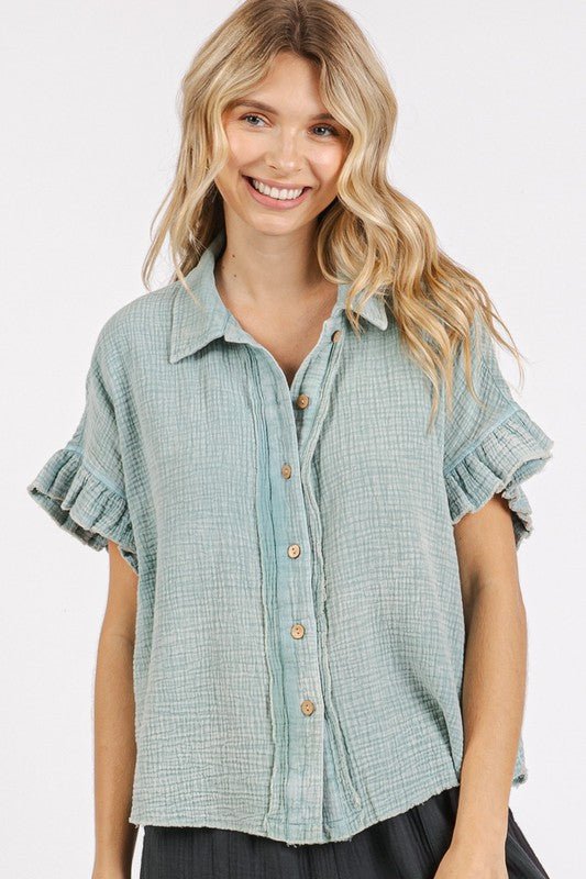 Mittoshop Mineral Washed Button Down Flounce Sleeve Shirt - Robbi & Angel