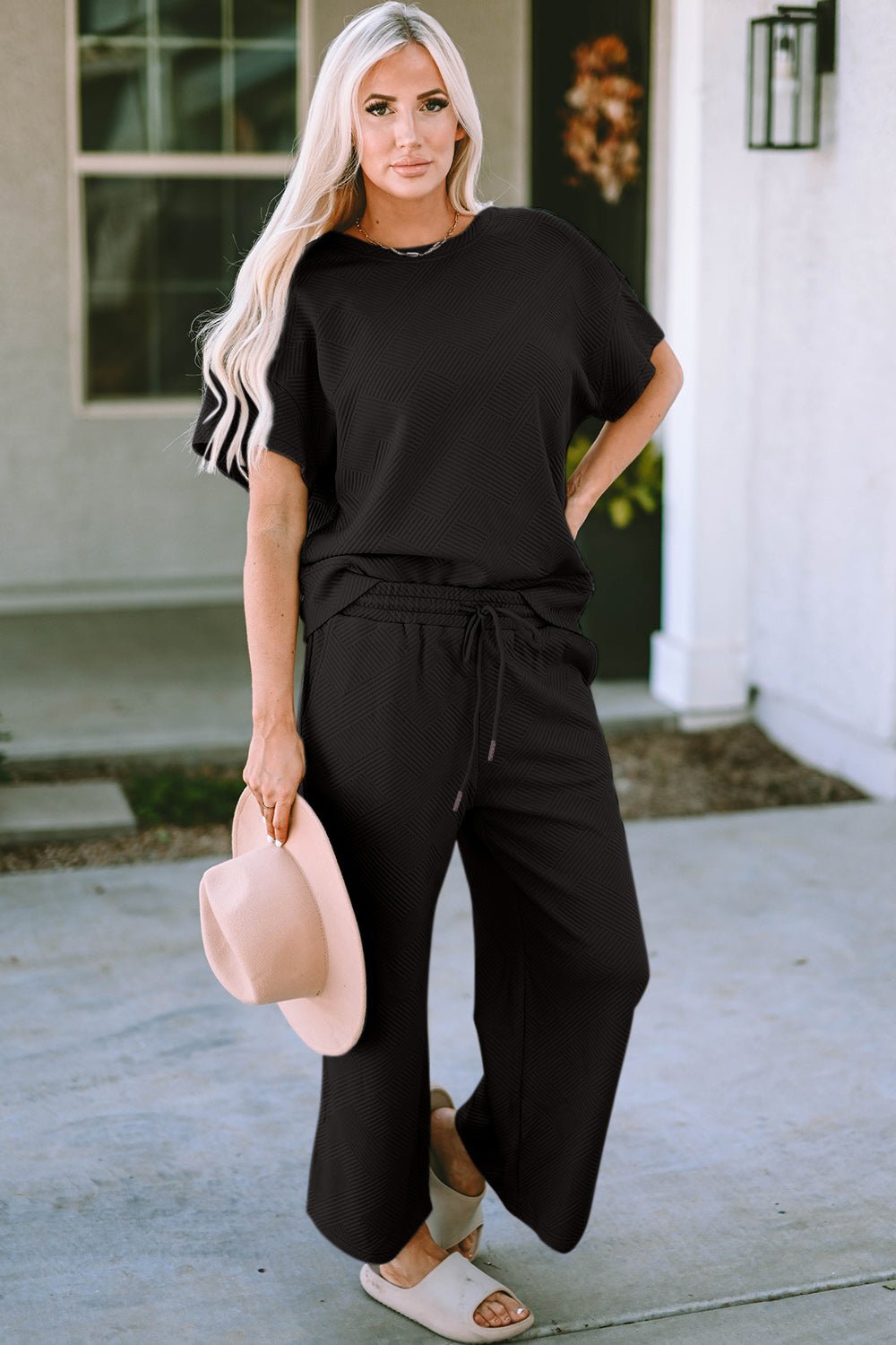 Double Take Full Size Texture Short Sleeve Top and Pants Set - Robbi & Angel