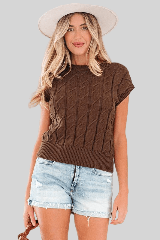 Cable Knit Textured Crew Neck Sweater Top - Robbi & Angel