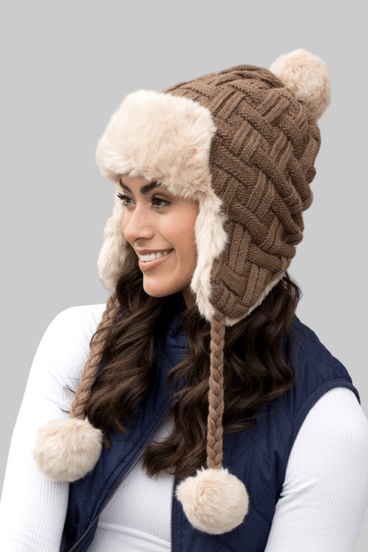 Cable Weave Pom Pom Trapper Hat - Robbi & Angel