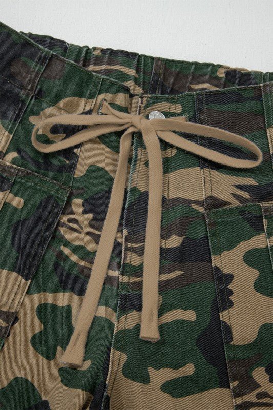 Camo Denim Patch Pocket Drawstring Barrel Jeans - Robbi & Angel
