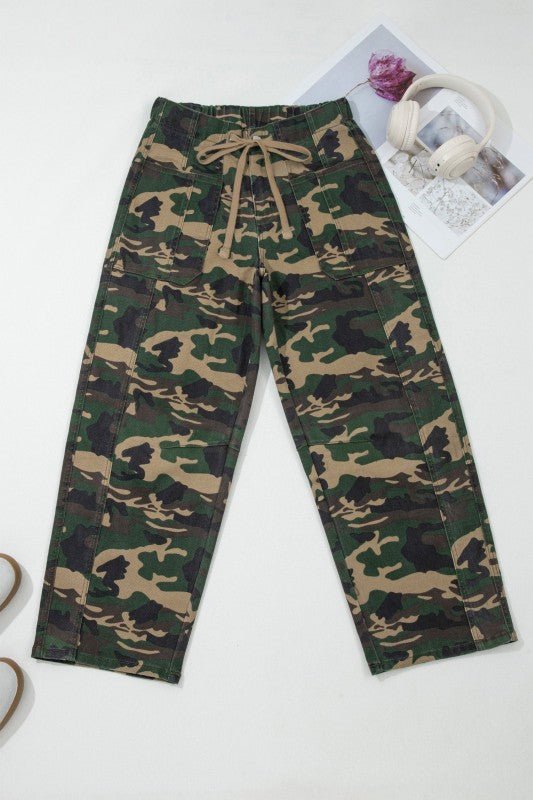 Camo Denim Patch Pocket Drawstring Barrel Jeans - Robbi & Angel