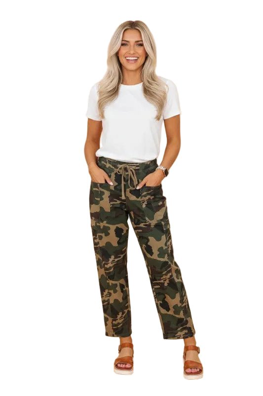 Camo Denim Patch Pocket Drawstring Barrel Jeans - Robbi & Angel