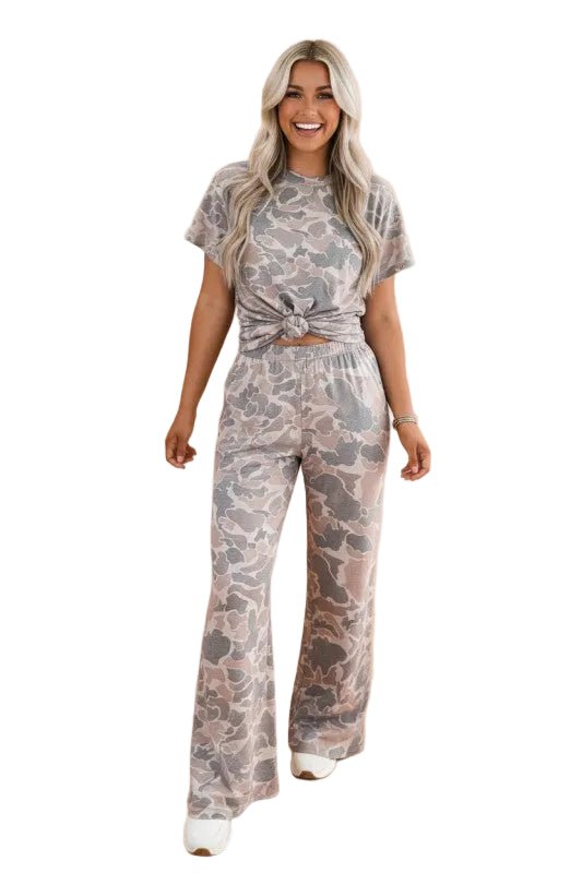 Camo Short Sleeve Top & Wide Leg Pants Set - Robbi & Angel