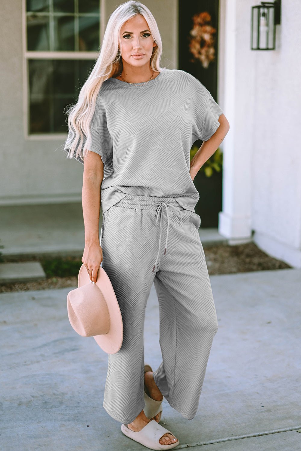 Double Take Full Size Texture Short Sleeve Top and Pants Set - Robbi & Angel